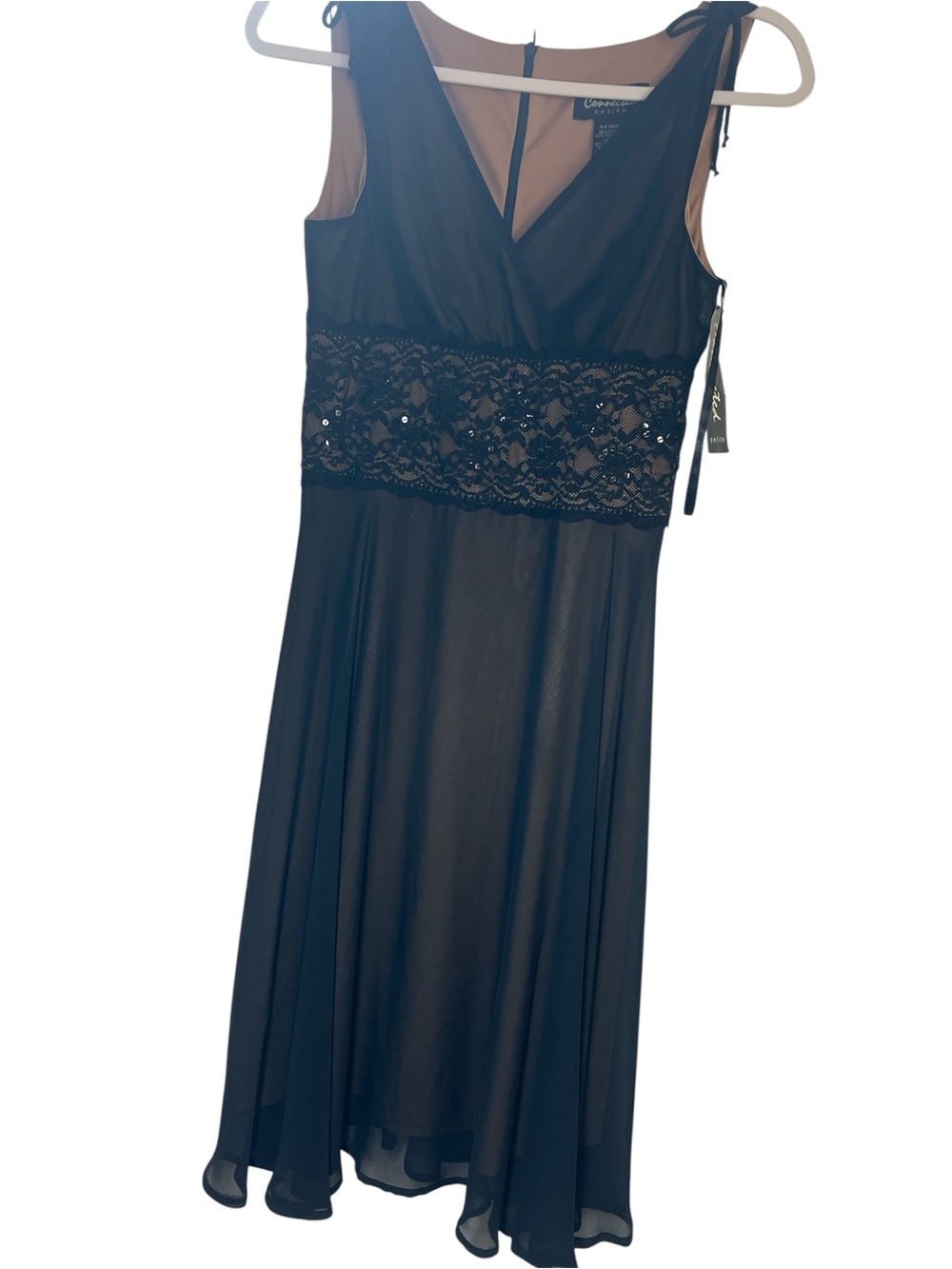 Connected Apparel Black Chiffon Sequin Lace Waist Cocktail Dress